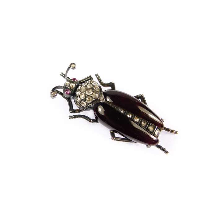 19th century cabochon garnet and diamond beetle brooch